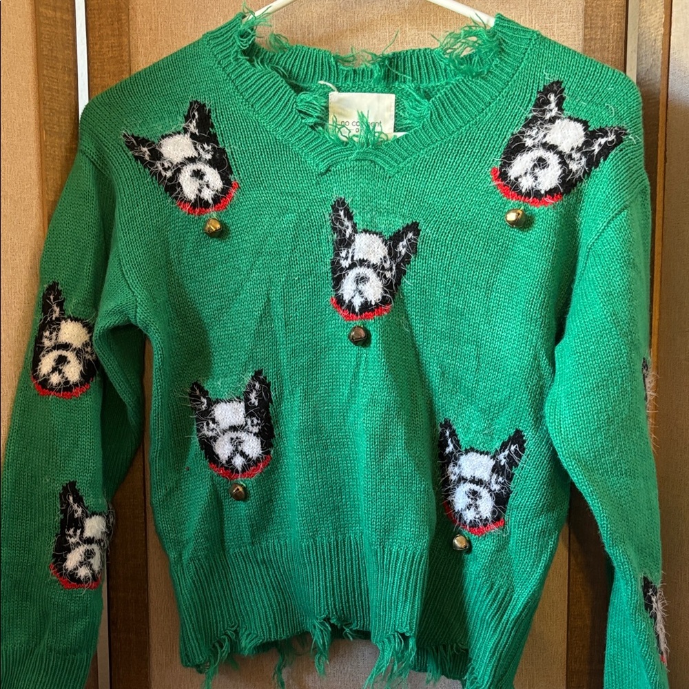 No Comment Girls Green Dog Pattern Sweater With Bells large